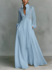Parisian Pleated Midi Dress – Long Sleeve Linen Women's