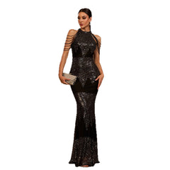 Halter Sequin Evening Dress – Polyester Spandex Hand Wash Sheer