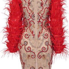 Red Feather Trim Dress – Sheer Mesh Sleeves Hand-Sewn Rhinestones