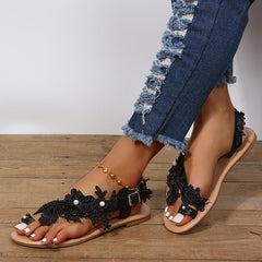 Boho Lace-Up Sandals – Floral Embroidered Ankle Strap Flat