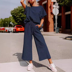 Short-Sleeve Top & Wide-Leg Pants Set – Polyester Spandex Cold Wash