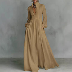 Parisian Pleated Midi Dress – Long Sleeve Linen Women's