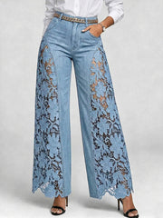 Lace-Panel Wide-Leg Pants – Cotton Blend Cold Wash Casual