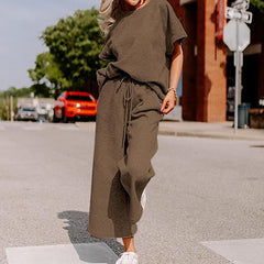 Short-Sleeve Top & Wide-Leg Pants Set – Polyester Spandex Cold Wash