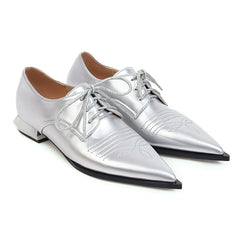 Low-Heel Lace-Up Shoes – Pointed Toe 1.5" Synthetic Leather