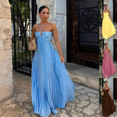 Pleated Halter Dress – High Waist Open Back Evening Club