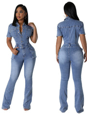 Slim-Fit Denim Jumpsuit with Flared Pants – Tight Waist Elastic Floral-Wash Design