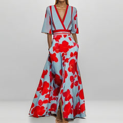Print V-Neck Midi Dress – Short Sleeve Fitted Waist Women