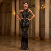 Halter Sequin Evening Dress – Polyester Spandex Hand Wash Sheer
