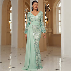 Long Sleeve Sequined Gown – Modest V-Neck Polyester Spandex Evening