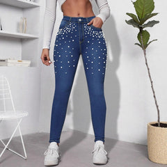 Pearl-Embellished Slim Jeans – High Rise 4-Way Stretch Mid Wash
