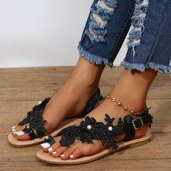 Boho Lace-Up Sandals – Floral Embroidered Ankle Strap Flat