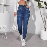 Pearl-Embellished Slim Jeans – High Rise 4-Way Stretch Mid Wash