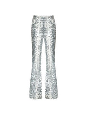Snake Print Flare Pants – Low Rise Sequin Accent Y2K Party Denim