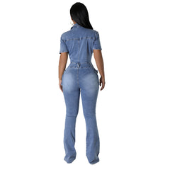 Slim-Fit Denim Jumpsuit with Flared Pants – Tight Waist Elastic Floral-Wash Design