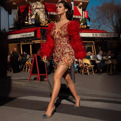 Red Feather Trim Dress – Sheer Mesh Sleeves Hand-Sewn Rhinestones
