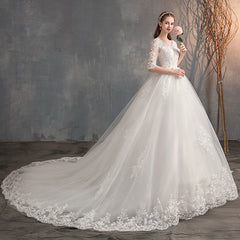 Deep V-Neck Lace Wedding Dress – Long Sleeve A-Line Gown Train