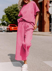 Short-Sleeve Top & Wide-Leg Pants Set – Polyester Spandex Cold Wash