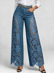 Lace-Panel Wide-Leg Pants – Cotton Blend Cold Wash Casual