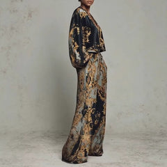 Korean-Style Knit Set – V-Neck Top & Wide Leg Pants Spring