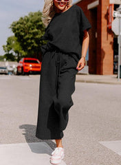 Short-Sleeve Top & Wide-Leg Pants Set – Polyester Spandex Cold Wash