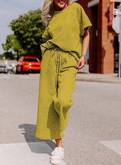 Short-Sleeve Top & Wide-Leg Pants Set – Polyester Spandex Cold Wash