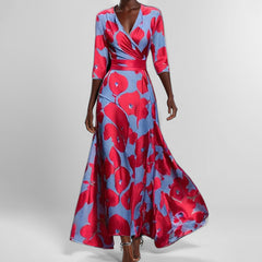 Print V-Neck Midi Dress – Short Sleeve Fitted Waist Women