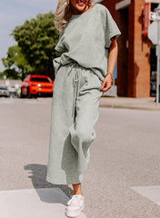 Short-Sleeve Top & Wide-Leg Pants Set – Polyester Spandex Cold Wash