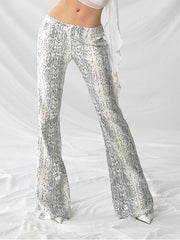 Snake Print Flare Pants – Low Rise Sequin Accent Y2K Party Denim