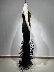 Faux Feather Slip Dress – Hand-Sewn Sequins Evening Cocktail