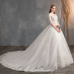 Deep V-Neck Lace Wedding Dress – Long Sleeve A-Line Gown Train