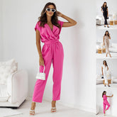 Short-Sleeve Jumpsuit – Lace-Up Waist Polyester Spandex Cold Wash