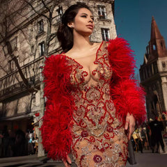 Red Feather Trim Dress – Sheer Mesh Sleeves Hand-Sewn Rhinestones