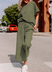 Short-Sleeve Top & Wide-Leg Pants Set – Polyester Spandex Cold Wash