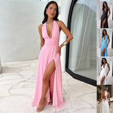 Halter V-Neck Maxi Dress – Backless Slit Chiffon Summer