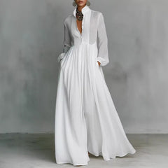 Parisian Pleated Midi Dress – Long Sleeve Linen Women's