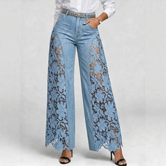 Lace-Panel Wide-Leg Pants – Cotton Blend Cold Wash Casual