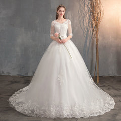 Deep V-Neck Lace Wedding Dress – Long Sleeve A-Line Gown Train