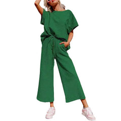 Short-Sleeve Top & Wide-Leg Pants Set – Polyester Spandex Cold Wash