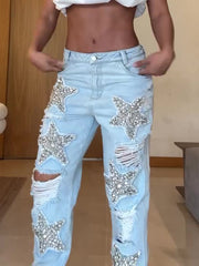 Star Crystal Ripped Jeans – Women's Skinny Distressed Denim