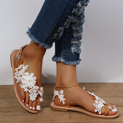 Boho Lace-Up Sandals – Floral Embroidered Ankle Strap Flat