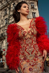 Red Feather Trim Dress – Sheer Mesh Sleeves Hand-Sewn Rhinestones