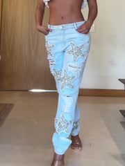 Star Crystal Ripped Jeans – Women's Skinny Distressed Denim