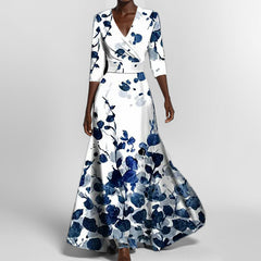 Print V-Neck Midi Dress – Short Sleeve Fitted Waist Women