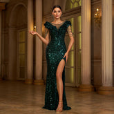 Round-Neck Sequin Evening Dress – Side Slit Hand Wash Sheer