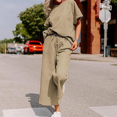Short-Sleeve Top & Wide-Leg Pants Set – Polyester Spandex Cold Wash