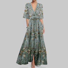 Print V-Neck Midi Dress – Short Sleeve Fitted Waist Women