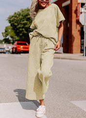 Short-Sleeve Top & Wide-Leg Pants Set – Polyester Spandex Cold Wash