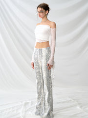 Snake Print Flare Pants – Low Rise Sequin Accent Y2K Party Denim