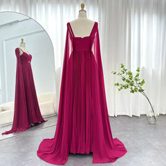 Fuchsia Chiffon Evening Dress with Cape Sleeves – Elegant Yellow Accent Arabic Formal Gown